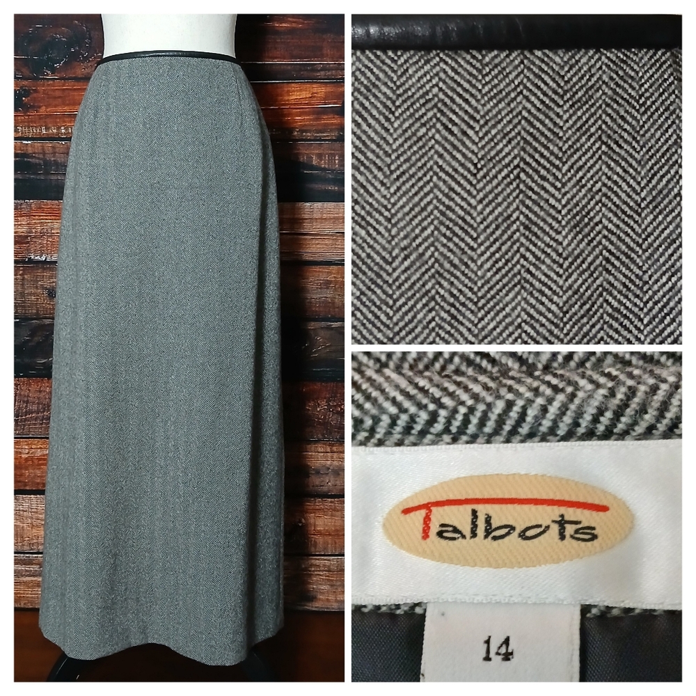 Talbots Vintage Maxi Skirt 14 32 Gray Herringbone 100% Wool Lined Zip Back Slit